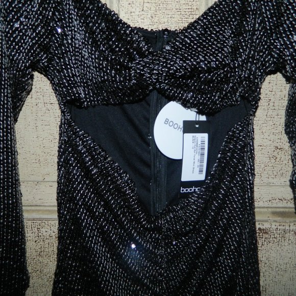 Boohoo Sequin Cut Out Twist Mini Dress Black Size 12 (BB-28) - Picture 3 of 7